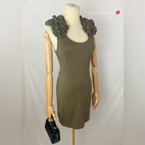 VINTAGE Y2K FLORAL APPLIQUE JERSEY TANK MINIDRESS IN OLIVE